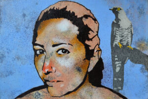Emiliano-Stella-Era-e-Zeus-Hera-Ἥρα-street-art-informal-art-portrait-cuculo-cuckoo-tecnica-mista-su-tessuto-incollato-su-legno-20x30cm-2024
