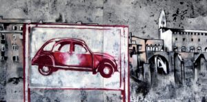 Emiliano-Stella-2CV-on-landscape-tecnica-mista-su-tessuto-100x200cm-2010